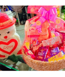 Teddy With Round Gift Basket Deal